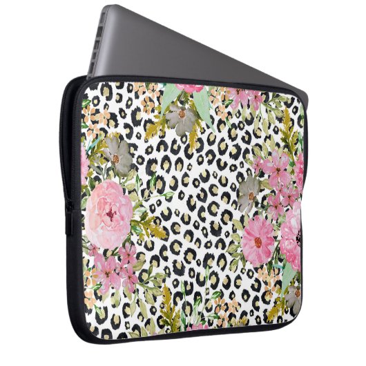 Elegantes Leopard Print und Blumendesign Laptopschutzhülle (Vorne Rechts)