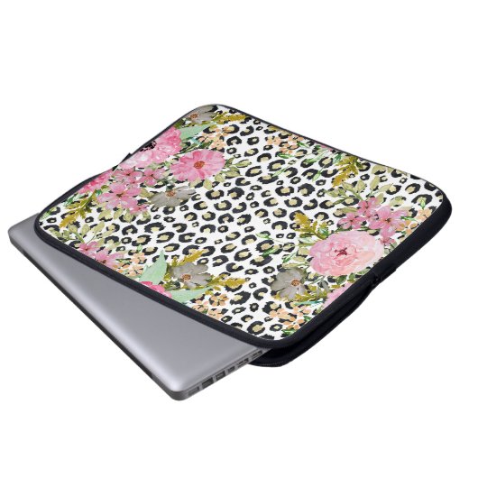 Elegantes Leopard Print und Blumendesign Laptopschutzhülle (Vorne Knopf)