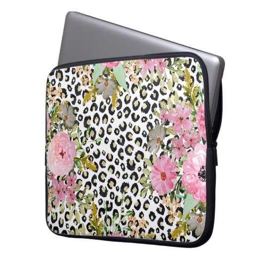 Elegantes Leopard Print und Blumendesign Laptopschutzhülle (Vorderseite Links)