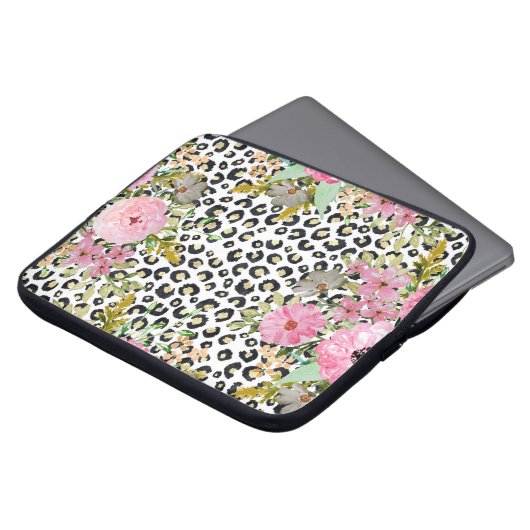 Elegantes Leopard Print und Blumendesign Laptopschutzhülle (Vorne Oben)