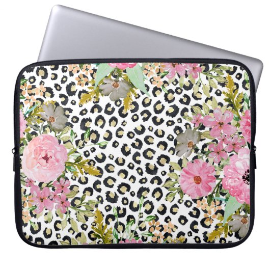 Elegantes Leopard Print und Blumendesign Laptopschutzhülle (Vorderseite)