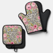 Elegantes Leopard Print und Blumendesign Ofenhandschuh & Topflappen-Set (Vorderseite/Rückseite)