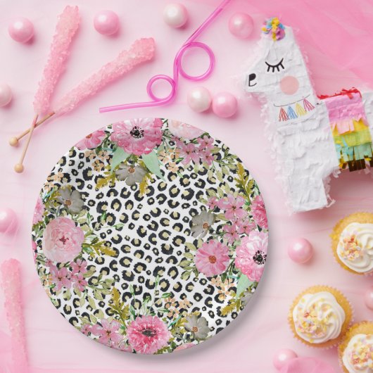 Elegantes Leopard Print und Blumendesign Pappteller (Party)