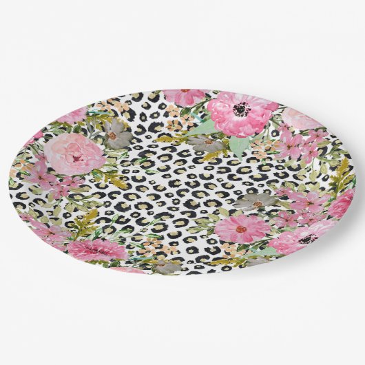 Elegantes Leopard Print und Blumendesign Pappteller (Schrägansicht)