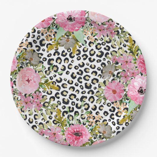 Elegantes Leopard Print und Blumendesign Pappteller (Vorderseite)
