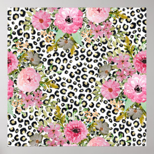 Elegantes Leopard Print und Blumendesign Poster
