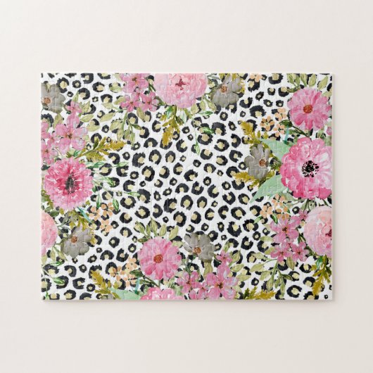 Elegantes Leopard Print und Blumendesign Puzzle (Horizontal)
