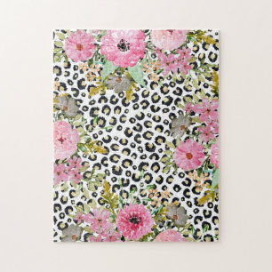 Elegantes Leopard Print und Blumendesign Puzzle