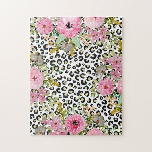 Elegantes Leopard Print und Blumendesign Puzzle (Vertikal)