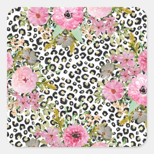 Elegantes Leopard Print und Blumendesign Quadratischer Aufkleber (Vorderseite)