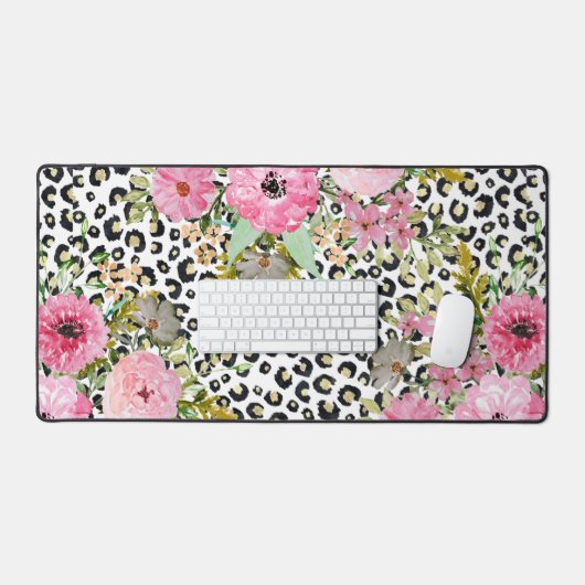 Elegantes Leopard Print und Blumendesign Schreibtischunterlage (Tastatur & Maus)