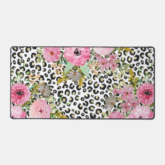Elegantes Leopard Print und Blumendesign Schreibtischunterlage (Vorderseite)