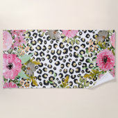 Elegantes Leopard Print und Blumendesign Strandtuch (Vorderseite)