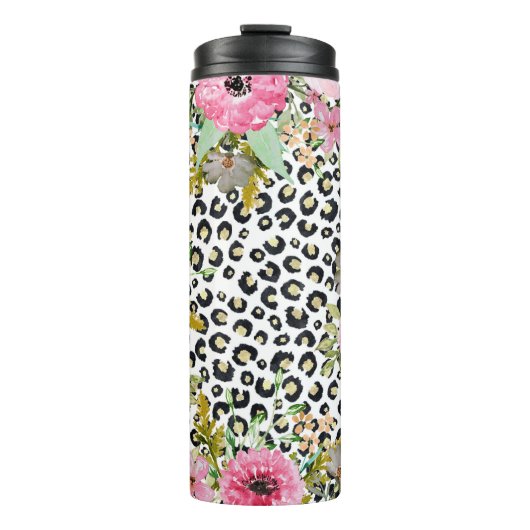 Elegantes Leopard Print und Blumendesign Thermosbecher (Vorderseite)