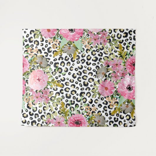 Elegantes Leopard Print und Blumendesign Wandteppich (Vorderseite (Horizontal))