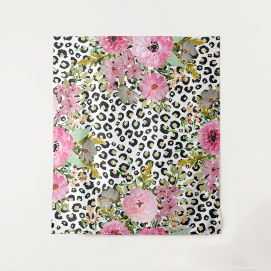 Elegantes Leopard Print und Blumendesign Wandteppich (Vorderseite)