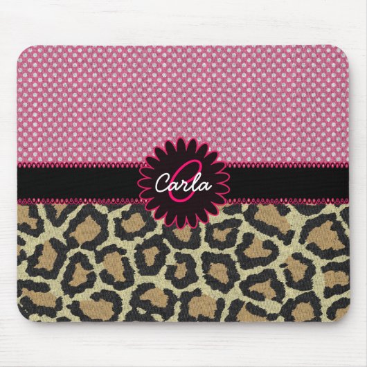Elegantes Leopard Print und Polka Dot Monogram Mousepad (Vorne)