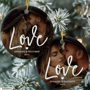 Elegantes Liebesherz-Zwei-Foto-Schrift Keramik Ornament