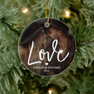 Elegantes Liebesherz-Zwei-Foto-Schrift Keramik Ornament