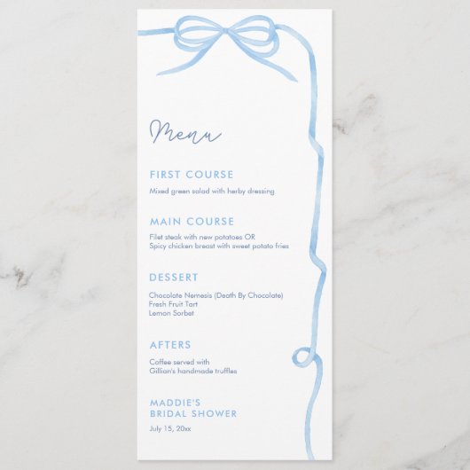 Elegantes Light Blue Bow Brautparty Party Menükarte (Vorderseite)