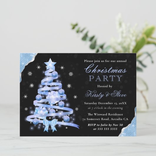 Elegantes Light Blue Ribbon Tree Weihnachten Party Einladung (Stehend Vorderseite)