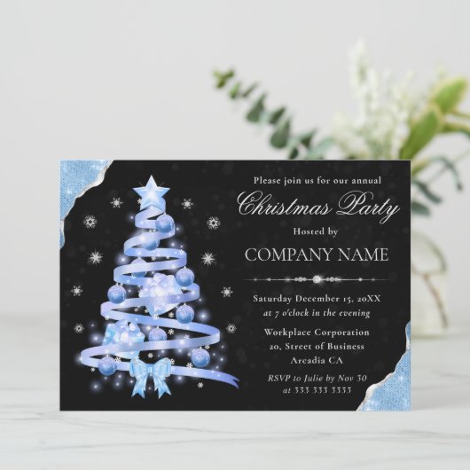 Elegantes Light Blue Ribbon Tree Weihnachten Party Einladung (Stehend Vorderseite)