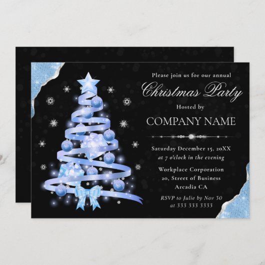 Elegantes Light Blue Ribbon Tree Weihnachten Party Einladung (Vorne/Hinten)