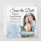 Elegantes Light Dusty Blue Rose & Oval Foto Hochze Save The Date (Vorderseite)