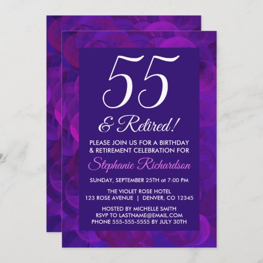 Elegantes Lila 55 und Party für das Ruhezustand Einladung (Vorne/Hinten)
