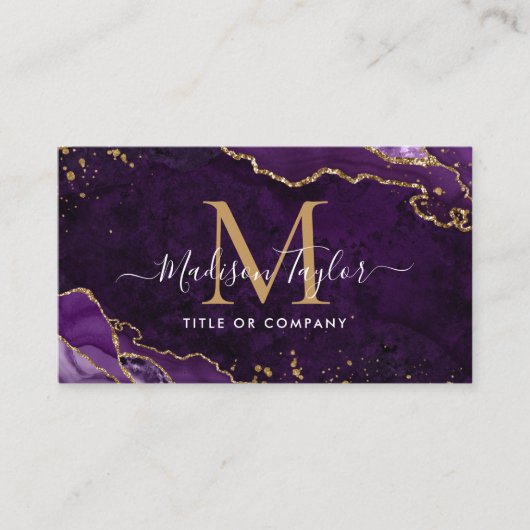 Elegantes Lila Agate Gold Glitzer Script Monogram Visitenkarte (Vorderseite)