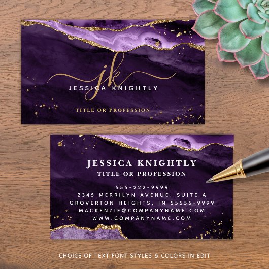 Elegantes Lila Agate Gold Glitzer Script Monogram Visitenkarte