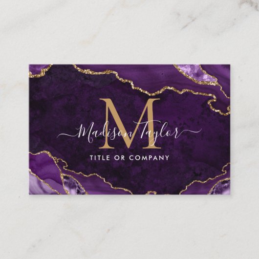 Elegantes Lila Agate Gold Glitzer Script Monogram Visitenkarte (Vorderseite)