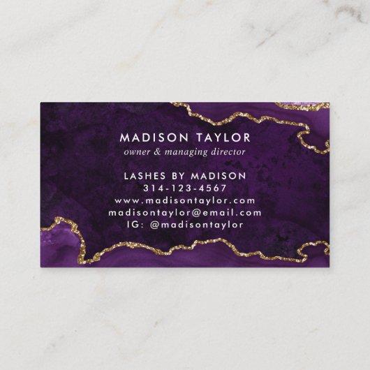 Elegantes Lila Agate Gold Glitzer Script Monogram Visitenkarte (Rückseite)