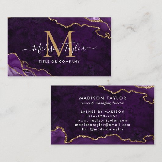 Elegantes Lila Agate Gold Glitzer Script Monogram Visitenkarte (Vorne/Hinten)