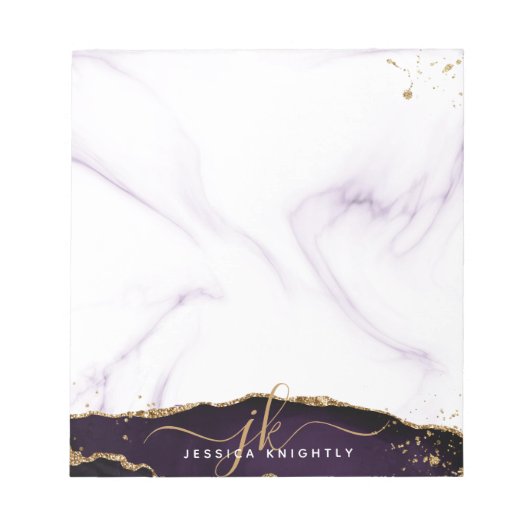 Elegantes Lila Agate Marble Gold Glitzer Monogramm Notizblock (Vorderseite)