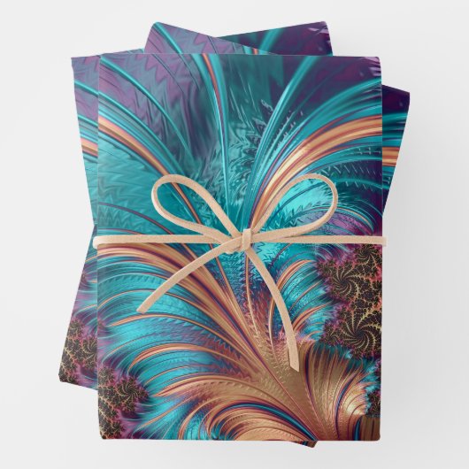 Elegantes Lila Aquamarines Feather-Fraktal  Geschenkpapier Set (Beispiel)