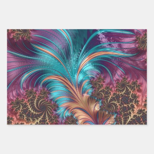 Elegantes Lila Aquamarines Feather-Fraktal Geschenkpapier Set (Vorderseite)