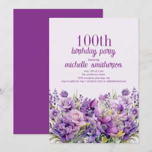Elegantes lila Aquarell-Blumen-100. Geburtstag Einladung