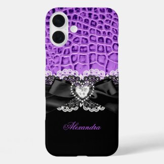 Elegantes Lila Black Animal Bow Herzstück Spitzen iPhone 16 Plus Hülle