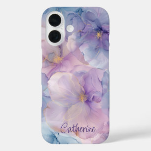 Elegantes Lila Blau mit Gold Floral Individuelle N iPhone 16 Hülle