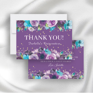 Elegantes lila-blaues florales Quinceañera-Geburts Dankeskarte