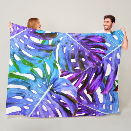 Elegantes Lila Blaues Tropisches Monstera Leaf-Mus Fleecedecke (Beispiel)