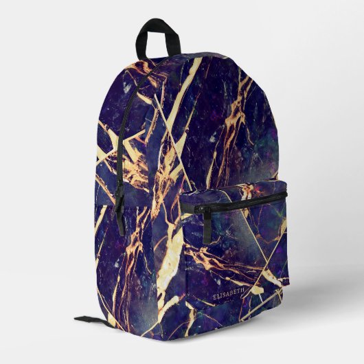 Elegantes Lila Blue-Gold-Marmor-Add-Name Monogram Bedruckter Rucksack (Rückseitige Ecke links)