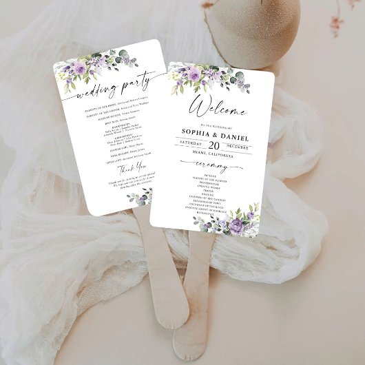 Elegantes lila Blumenein Hochzeitsprogramm-Handfäc Fächer