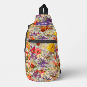 Elegantes lila Blumengrau-Muster Monogramm Crossbody Bag