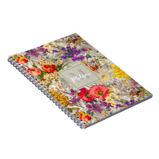 Elegantes lila Blumengrau-Muster Monogramm Notizblock (Rechte Seite)