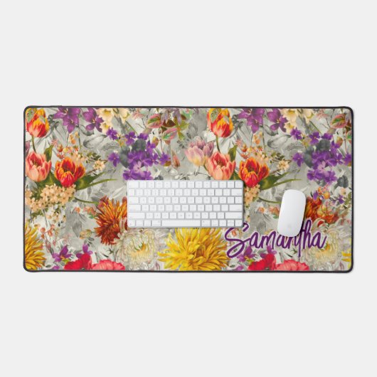 Elegantes lila Blumengrau-Muster Monogramm Schreibtischunterlage (Tastatur & Maus)