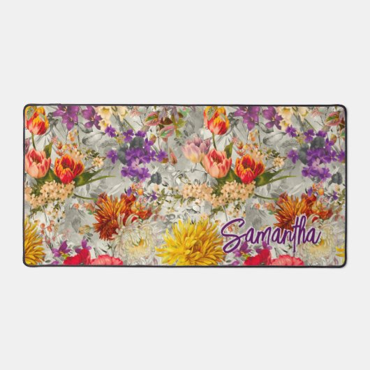 Elegantes lila Blumengrau-Muster Monogramm Schreibtischunterlage (Vorderseite)