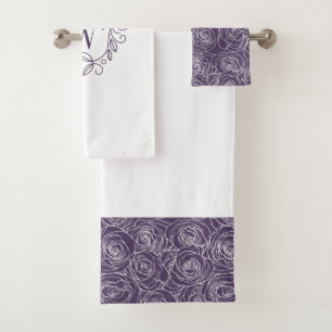 Elegantes lila Blumenmonogramm Badhandtuch Set