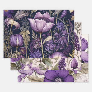 Elegantes lila Blumenmuster Geschenkpapier Set